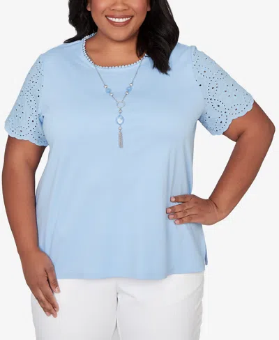 Alfred Dunner Plus Size Classic Solid Eyelet Sleeve T-shirt With Necklace In Blue