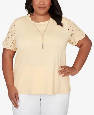 Alfred Dunner Plus Size Classic Solid Eyelet Sleeve T-shirt With Necklace In Nude