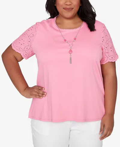 Alfred Dunner Plus Size Classic Solid Eyelet Sleeve T-shirt With Necklace In Pink