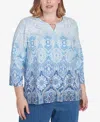Alfred Dunner Plus Size Classic Split Beaded Neck Ombre Medallion Top In Navy