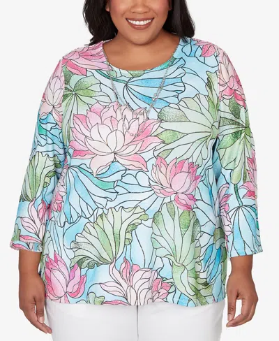 Alfred Dunner Plus Size Classic Stained Glass Floral Print Top With Necklace In Multi