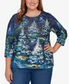 Alfred Dunner Plus Size Classic Starry Night Holiday Tree Crew Neck Top In Blue