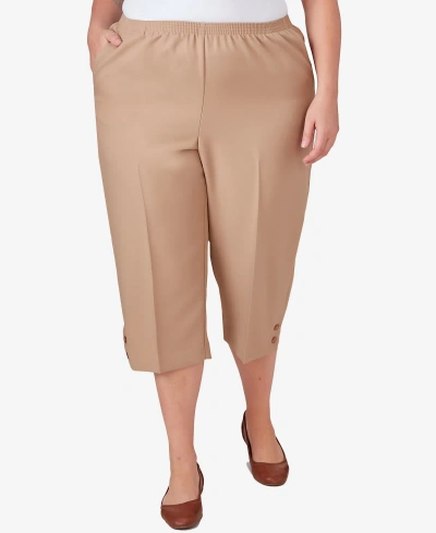 Alfred Dunner Plus Size Classic Stretch Waist Accord Capri Pants With Button Hem In Tan