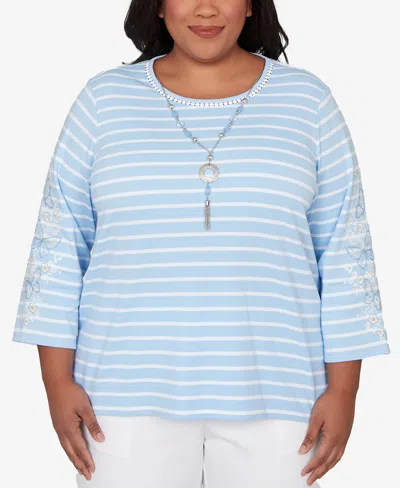 Alfred Dunner Plus Size Classic Stripe Cornflower Embroidered Sleeve Top With Necklace In Blue