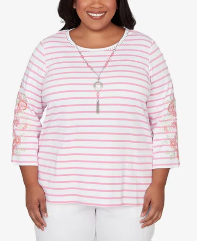 Alfred Dunner Plus Size Classic Stripe Embroidered Sleeve Top With Necklace In Pink