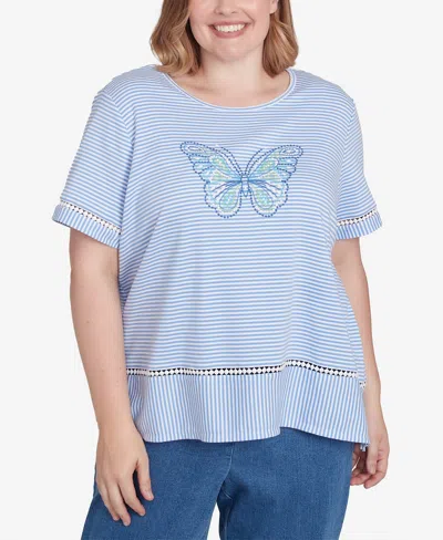 Alfred Dunner Plus Size Classic Striped Butterfly Short Sleeves Tee In Iris