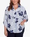 Alfred Dunner Plus Size Classic Striped Flower Button Front Tie Sleeves Blouse In Navy