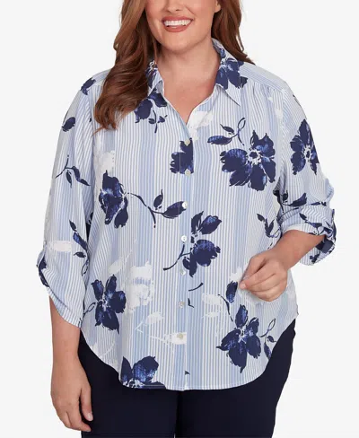 Alfred Dunner Plus Size Classic Striped Flower Button Front Tie Sleeves Blouse In Navy
