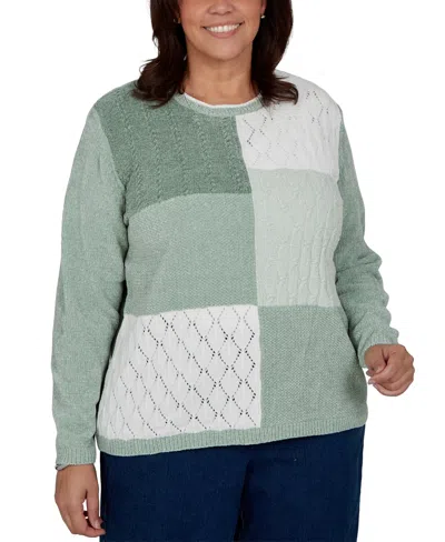 Alfred Dunner Plus Size Classic Textured Chenille Colorblock Sweater In Green