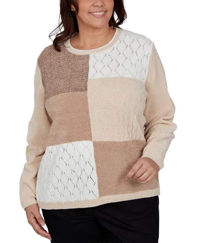 Alfred Dunner Plus Size Classic Textured Chenille Colorblock Sweater In Brown