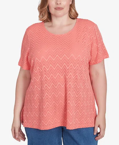 Alfred Dunner Plus Size Classic Textured Chevron Lace Back Tee In Coral