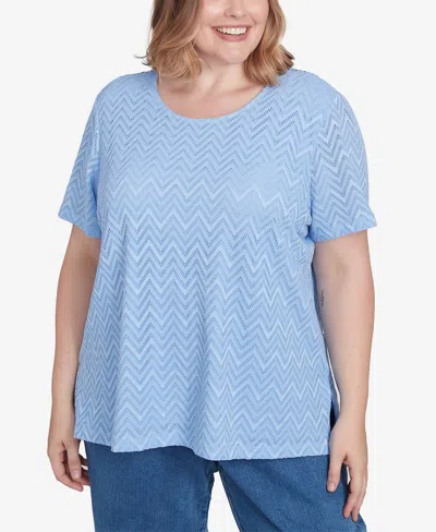 Alfred Dunner Plus Size Classic Textured Chevron Lace Back Tee In Iris