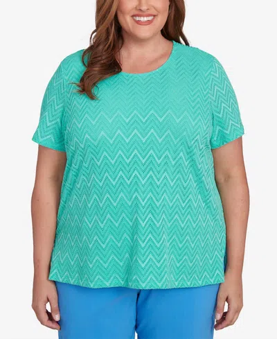 Alfred Dunner Plus Size Classic Textured Chevron Lace Back Tee In Jade