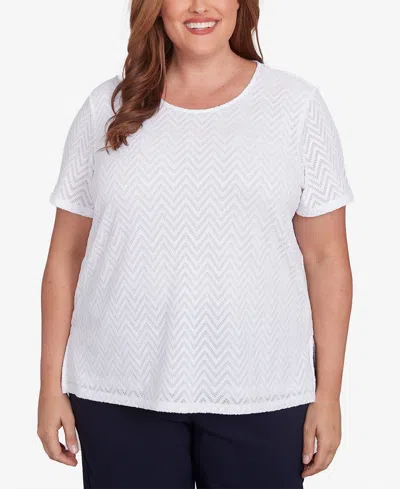 Alfred Dunner Plus Size Classic Textured Chevron Lace Back Tee In White