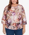 Alfred Dunner Plus Size Classic Textured Floral Ruched Sides Crew Neck Top In Multi