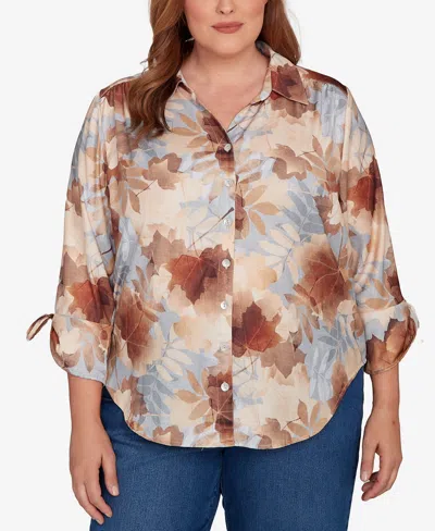 Alfred Dunner Plus Size Classic Textured Leaf Button Front Top