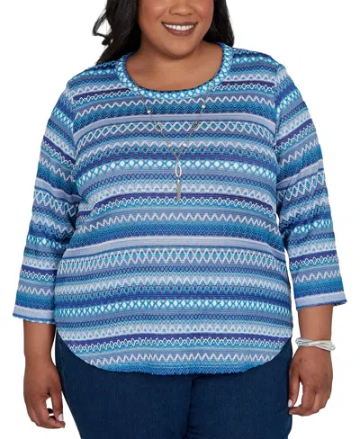 Alfred Dunner Plus Size Classic Textured Stripe Knit Top With Necklace In Blue