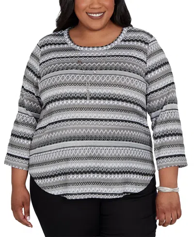 Alfred Dunner Plus Size Classic Textured Stripe Knit Top With Necklace In Gray