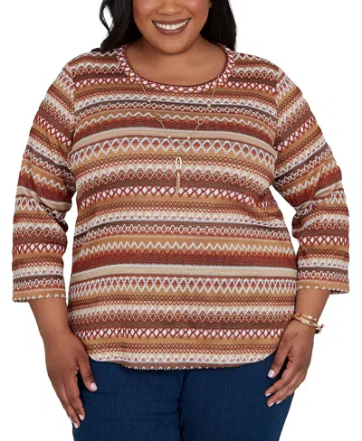Alfred Dunner Plus Size Classic Textured Stripe Knit Top With Necklace In Brown
