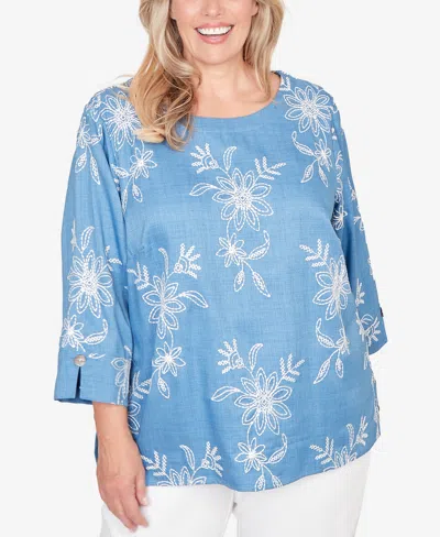 Alfred Dunner Plus Size Classic Tossed Floral Embroidered Top In Blue