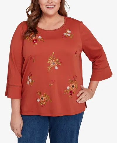 Alfred Dunner Plus Size Classic Tossed Floral Flutter Sleeve Top In Brown