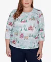 Alfred Dunner Plus Size Classic Triple Notch Neck Deer Village Top In Multi Green