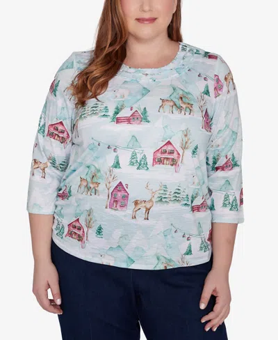 Alfred Dunner Plus Size Classic Triple Notch Neck Deer Village Top In Multi Green