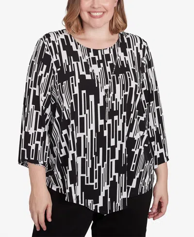 Alfred Dunner Plus Size Classic Vertical Geometric Top With Necklace In Black,white