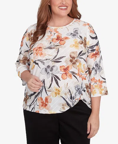 Alfred Dunner Plus Size Classic Watercolor Floral Crew Neck Top In Neutral Multi