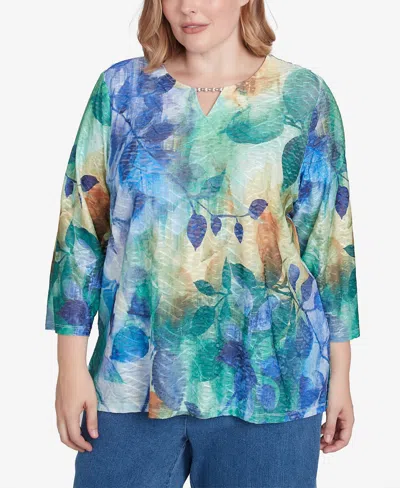 Alfred Dunner Plus Size Classic Watercolor Leaves Knit Top In Multi Green