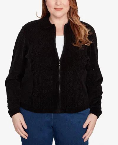 Alfred Dunner Plus Size Classic Zip-front Chenille Collared Cardigan Sweater In Black