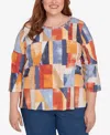 Alfred Dunner Plus Size Colorblock Detailed Crew Neck Top In Multi