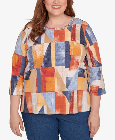 Alfred Dunner Plus Size Colorblock Detailed Crew Neck Top In Blue
