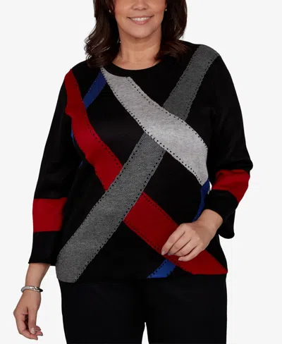 Alfred Dunner Plus Size Colorblocked 3/4-sleeve Pullover Sweater In Black Multi