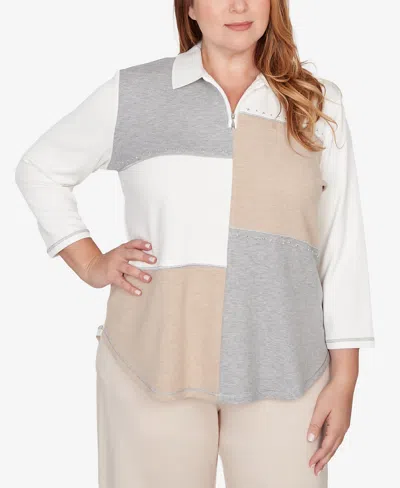 Alfred Dunner Plus Size Comfort & Joy Colorblock Quarter Zip Patchwork Top In Multi