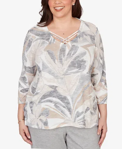 Alfred Dunner Plus Size Comfort & Joy Leaf Print Crossover V-neck Top In Gray