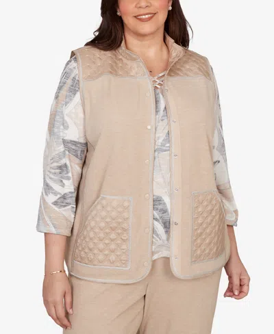 Alfred Dunner Plus Size Comfort & Joy Quilted Snap Front Vest In Brown