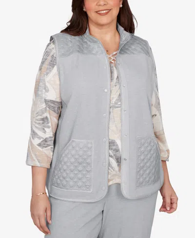 Alfred Dunner Plus Size Comfort & Joy Quilted Snap Front Vest In Gray