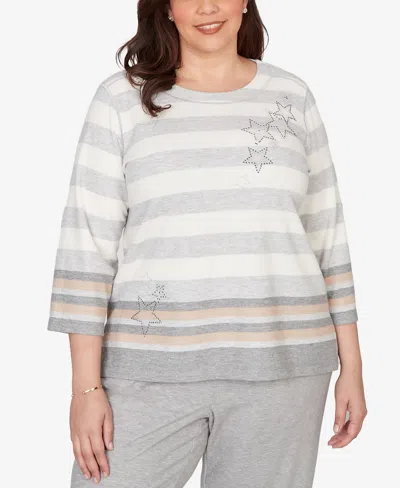 Alfred Dunner Plus Size Comfort & Joy Star Stripe Embellished Crewneck Top In Gray