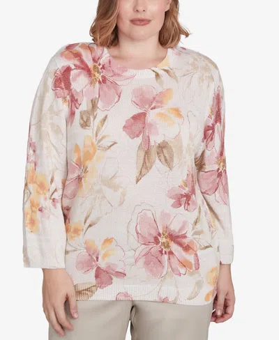 Alfred Dunner Plus Size Coming Up Roses Crew Neck Floral Sweater In Neutral Multi