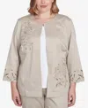 Alfred Dunner Petite Floral Cut Out Sateen Jacket In Almond