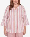 Alfred Dunner Plus Size Coming Up Roses Striped Button Down Embroidered Sleeve Top In Pink Multi
