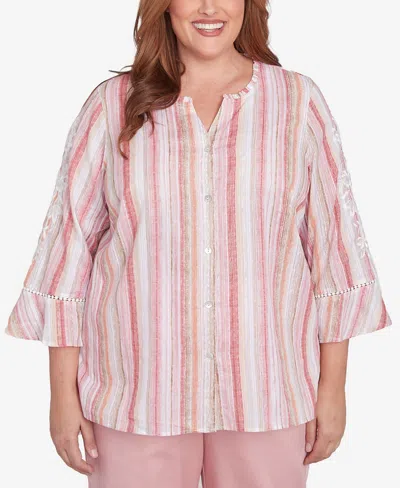 Alfred Dunner Plus Size Coming Up Roses Striped Button Down Embroidered Sleeve Top In Pink Multi