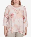 Alfred Dunner Plus Size Coming Up Roses Textured Watercolor Flower Top With Necklace In Pink Multi