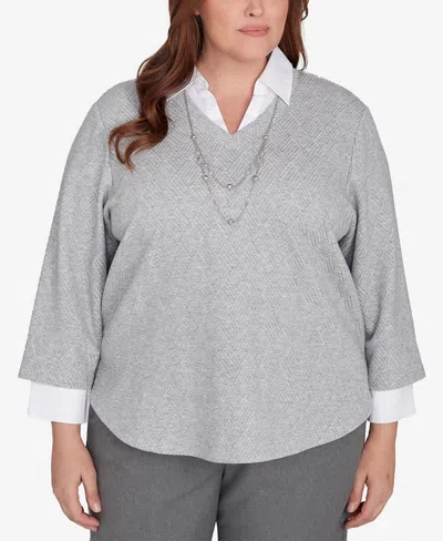 Alfred Dunner Plus Size Copenhagen Soft Collared Two In One Top With Necklace In Pewter