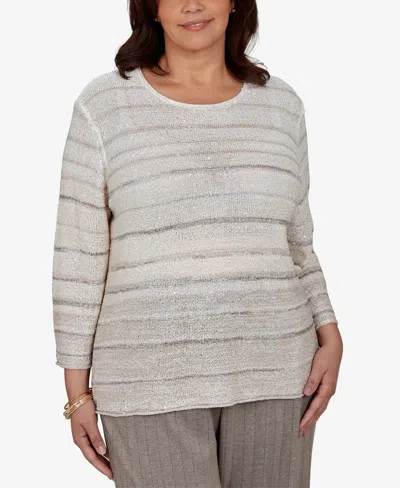 Alfred Dunner Plus Size Crew Neck 3/4-sleeve Striped Sweater In Latte