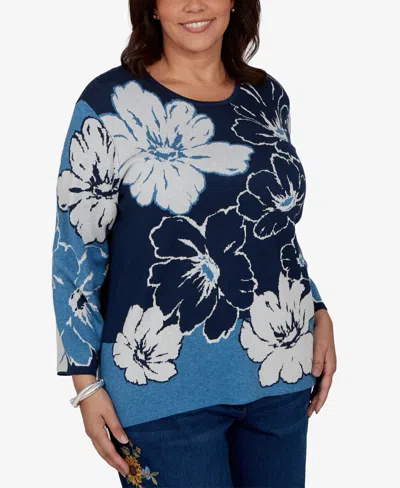 Alfred Dunner Plus Size Crewneck Floral Pullover Sweater In Ink