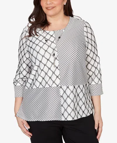 Alfred Dunner Plus Size Crowd Pleaser Spliced Diamond Textured Top With Necklace In Multi