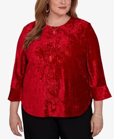 Alfred Dunner Plus Size Crushed Velvet 3/4-sleeve Blouse In Red
