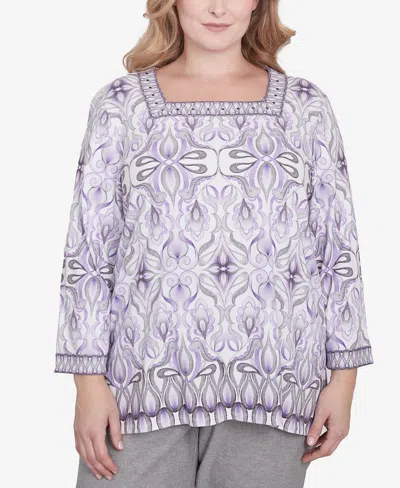Alfred Dunner Plus Size Crystal Springs Border Square Neck Top In Lilac Multi
